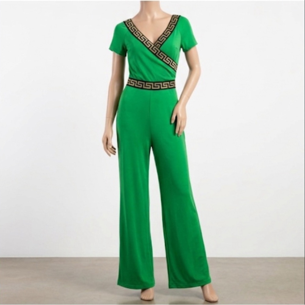 Green Short-Sleeve Jumpsuit with Greek Key Trim